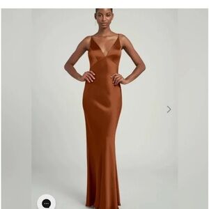 Jenny Yoo Satin Maxi Dress in Warm Brown